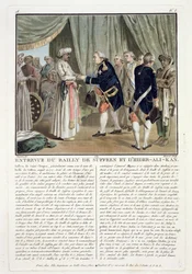 Treffen von Pierre Andre de Suffren de Saint Tropez und Haider Ali, 1782, graviert von Jean Baptiste Morret, 1789
